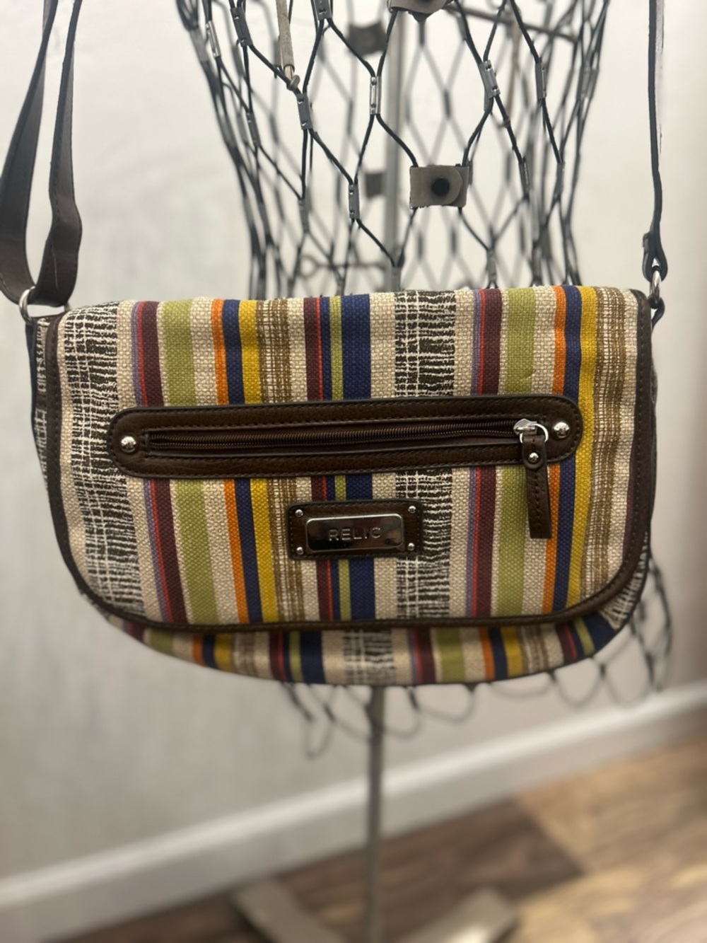 Relic Multicolor Striped Crossbody Bag with Brown Trim